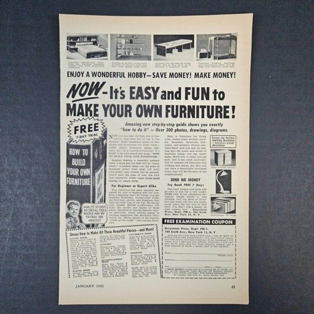 1952 Greystone Press How To Build Your Own‎ Furniture Vintage Print Ad New York